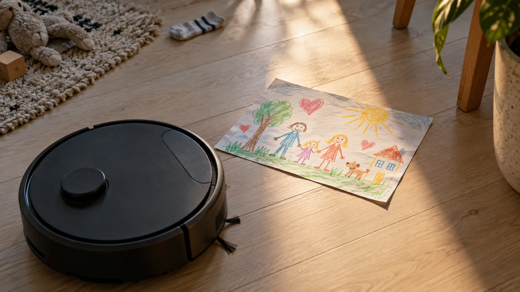 A robot vacuum approaching a child’s drawing on the floor