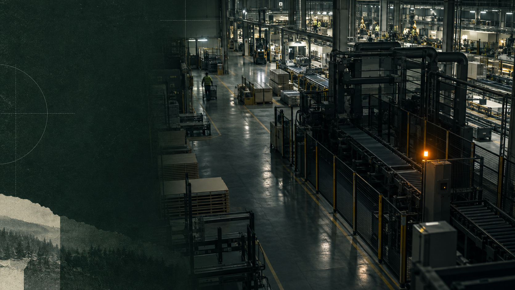 A dark Nordic factory floor at night