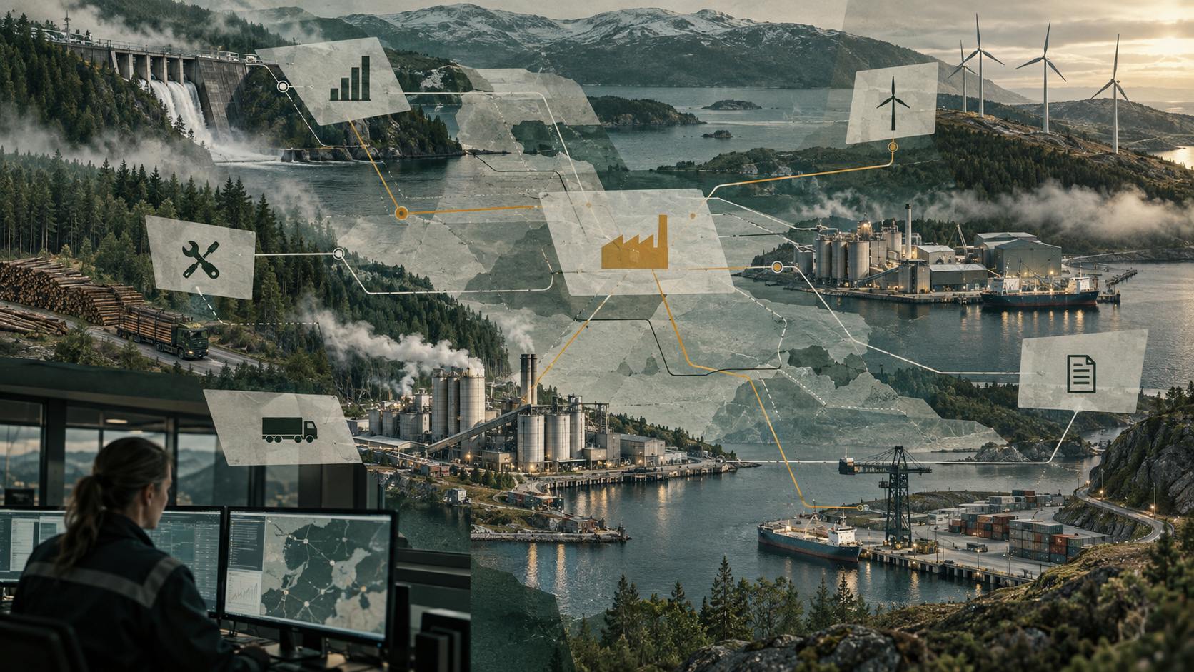 An interconnected industrial, energy and logistics network across a Nordic landscape