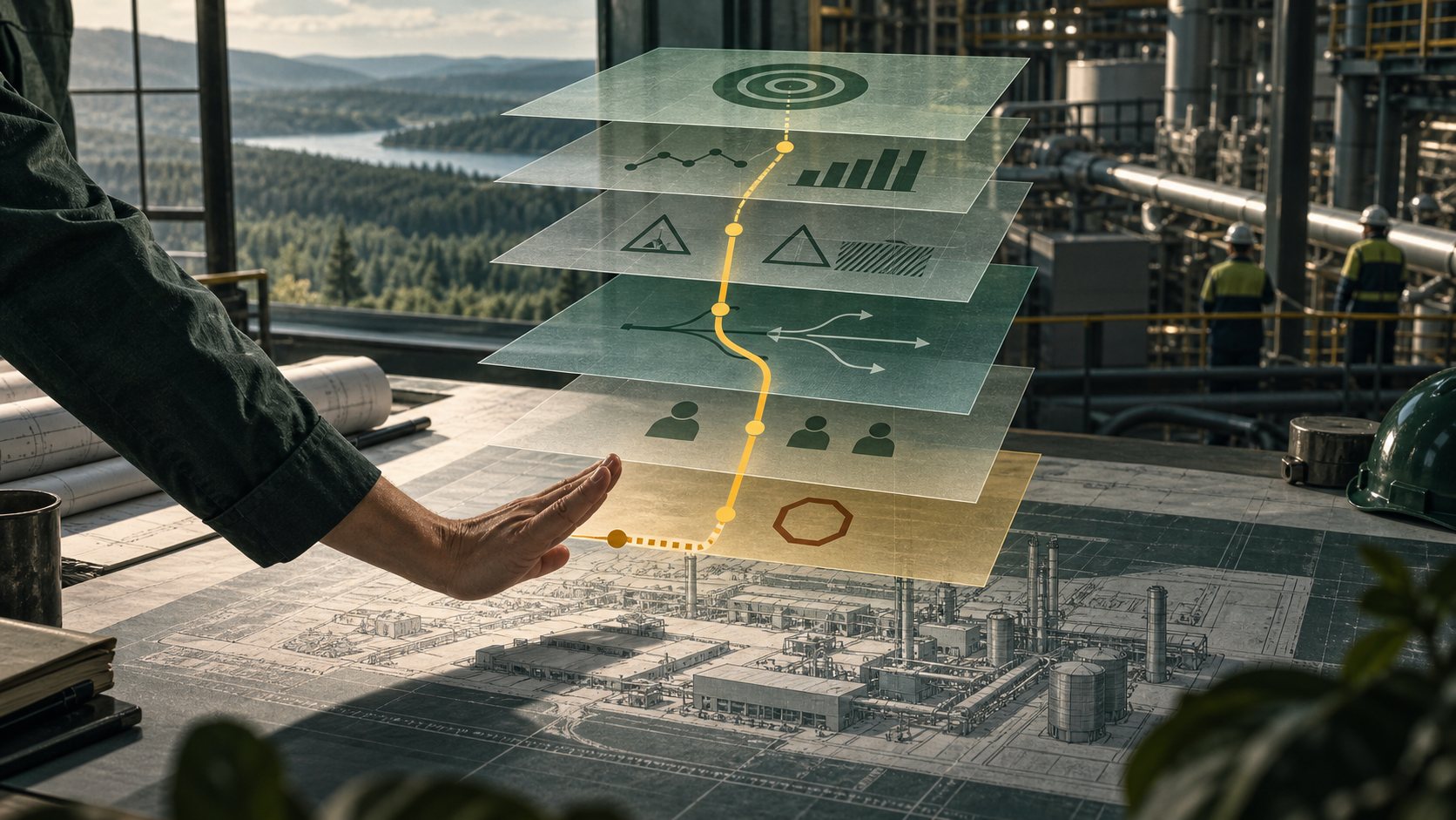 A transparent decision context above a factory blueprint with a clear human stop point